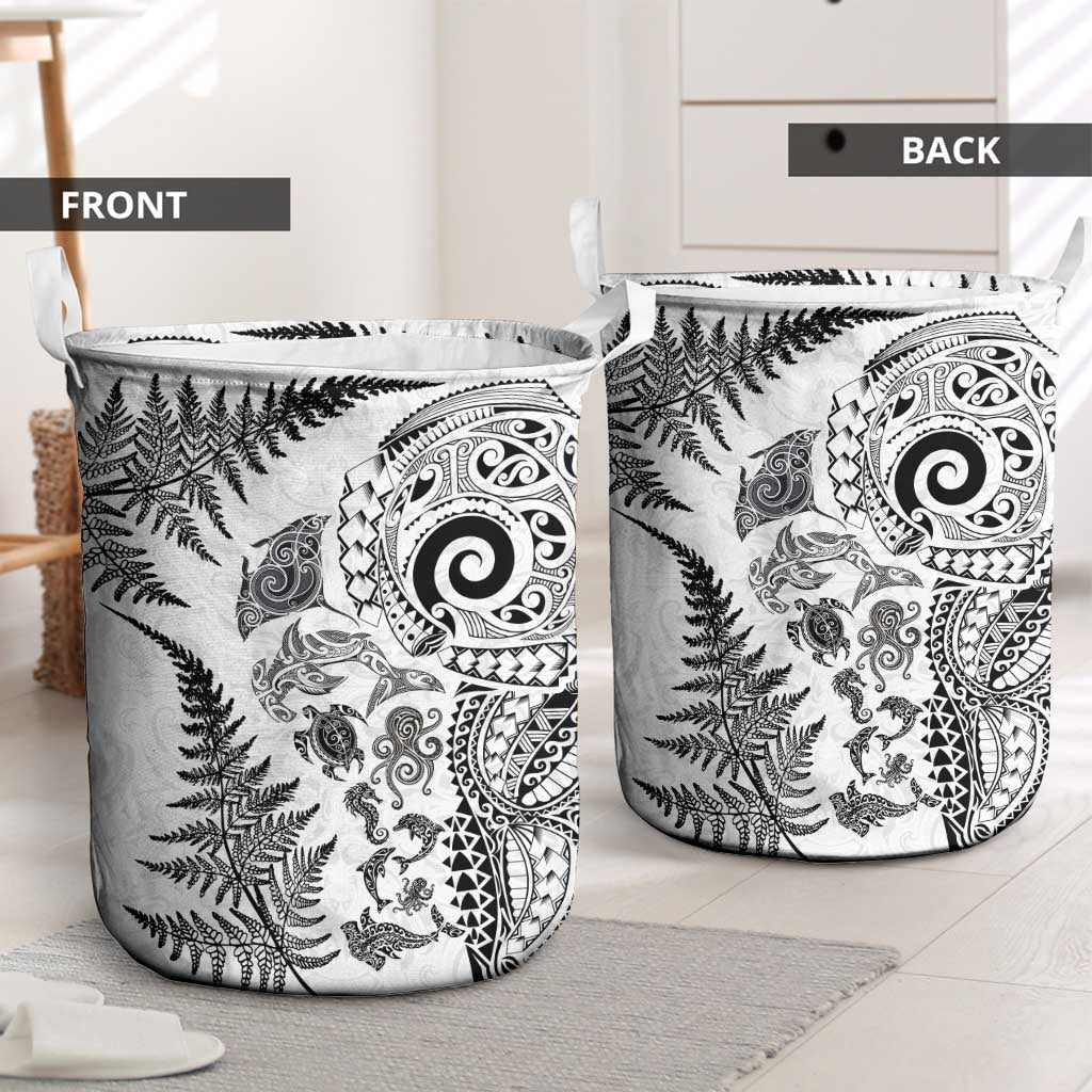 New Zealand Sea Animals Laundry Basket with Maori Koru Tribal Tattoo and Silver Ferns White Color LT03 - Polynesian Pride