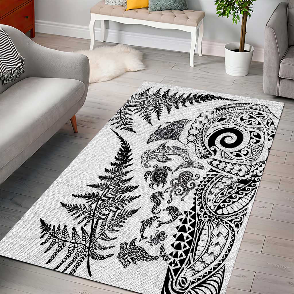 New Zealand Sea Animals Area Rug with Maori Koru Tribal Tattoo and Silver Ferns White Color LT03 - Polynesian Pride