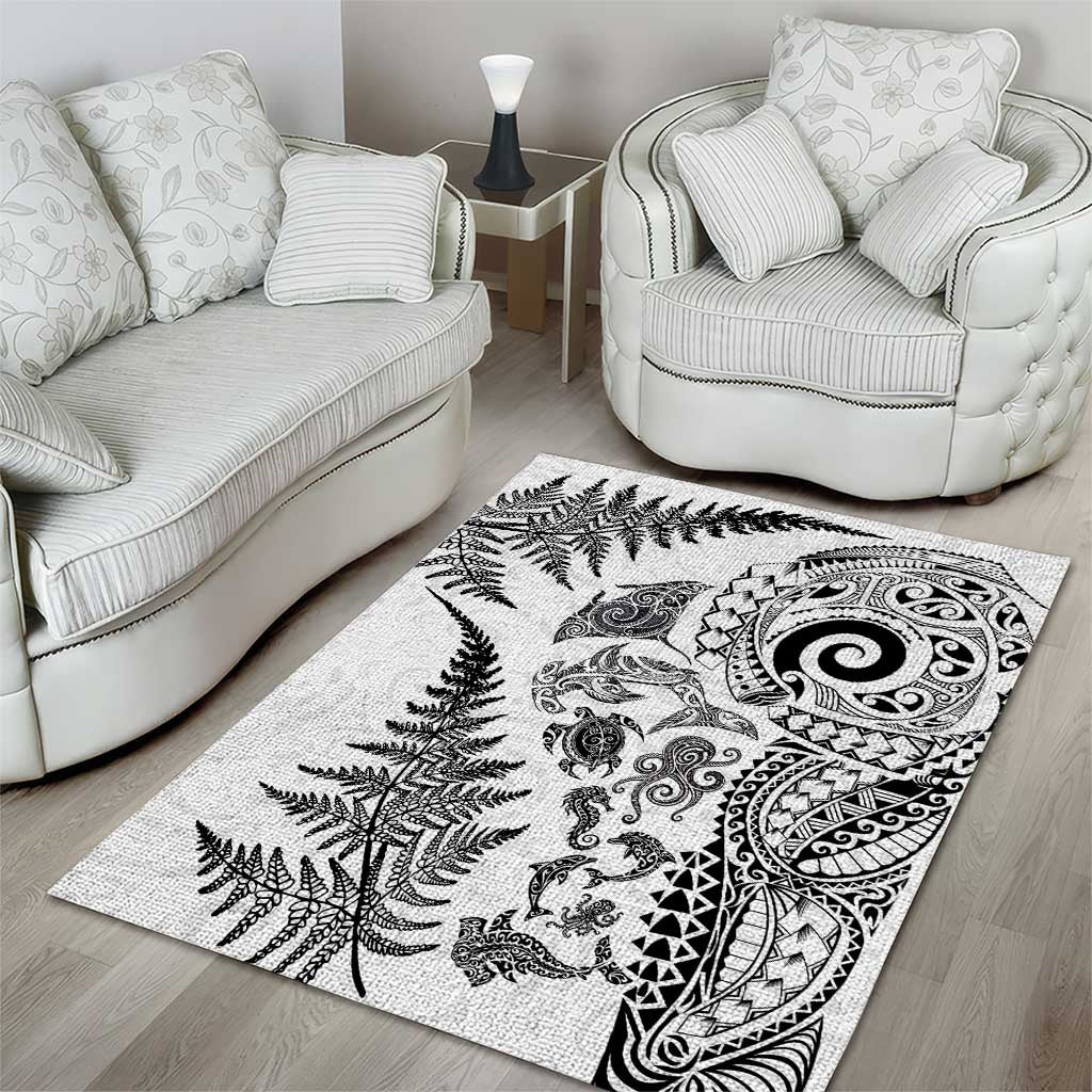 New Zealand Sea Animals Area Rug with Maori Koru Tribal Tattoo and Silver Ferns White Color LT03 - Polynesian Pride