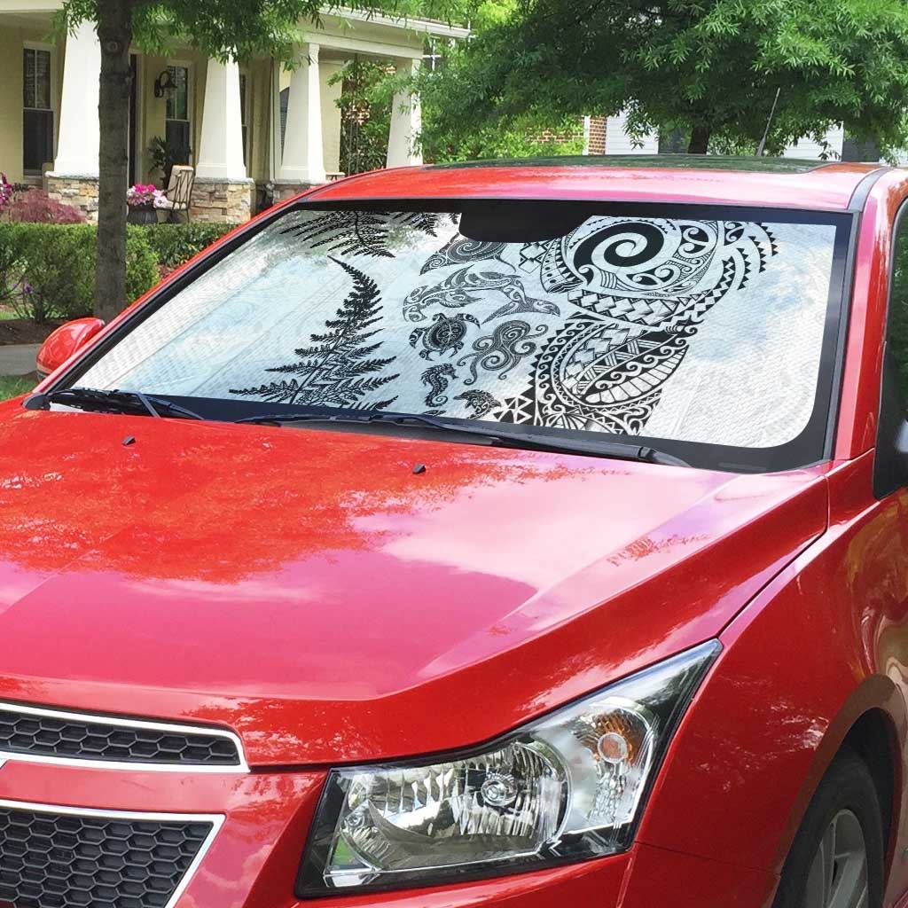New Zealand Sea Animals Auto Sun Shade with Maori Koru Tribal Tattoo and Silver Ferns White Color