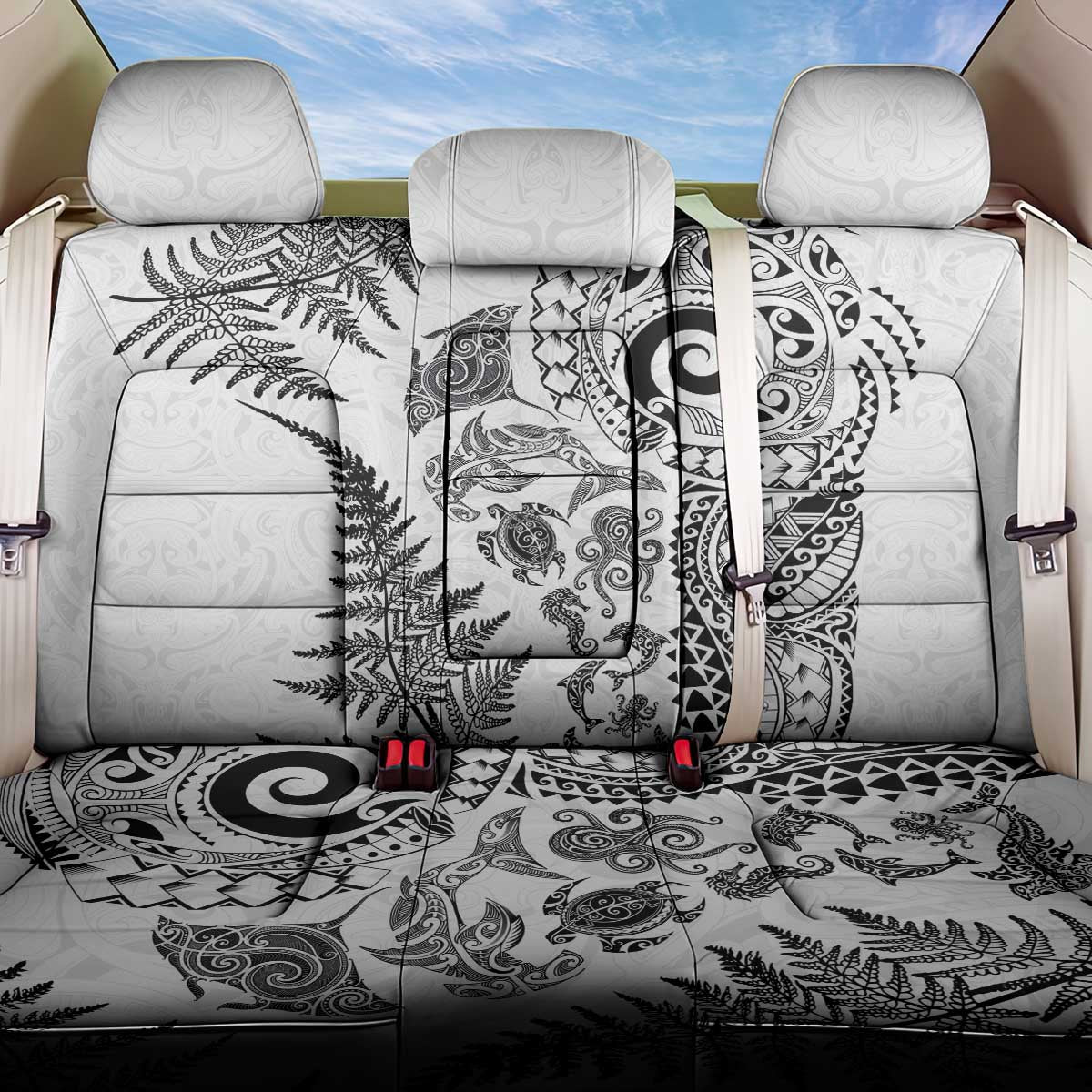 New Zealand Sea Animals Back Car Seat Cover with Maori Koru Tribal Tattoo and Silver Ferns White Color LT03 One Size White - Polynesian Pride
