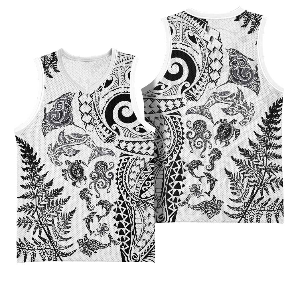 New Zealand Sea Animals Basketball Jersey with Maori Koru Tribal Tattoo and Silver Ferns White Color LT03 - Polynesian Pride
