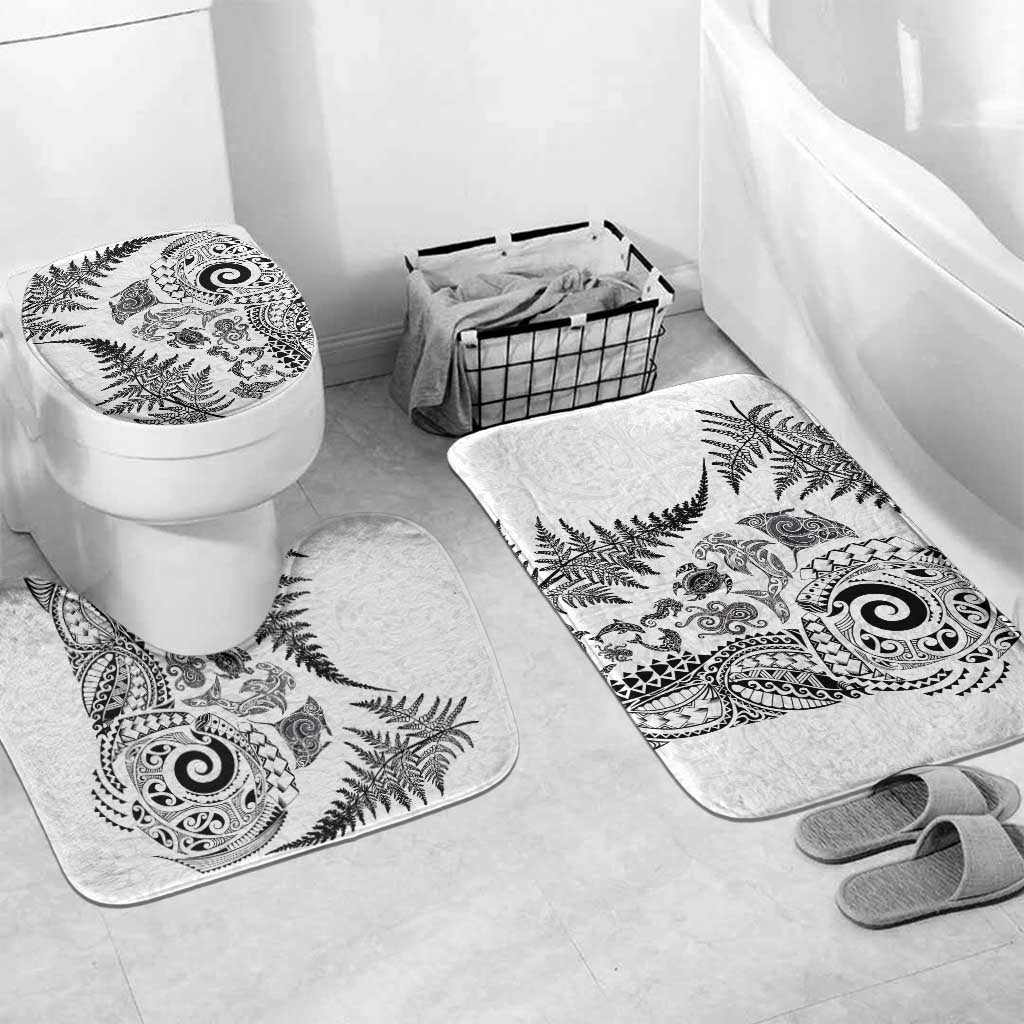New Zealand Sea Animals Bathroom Set with Maori Koru Tribal Tattoo and Silver Ferns White Color LT03 Mat Set Only (3 pcs) One Size White - Polynesian Pride