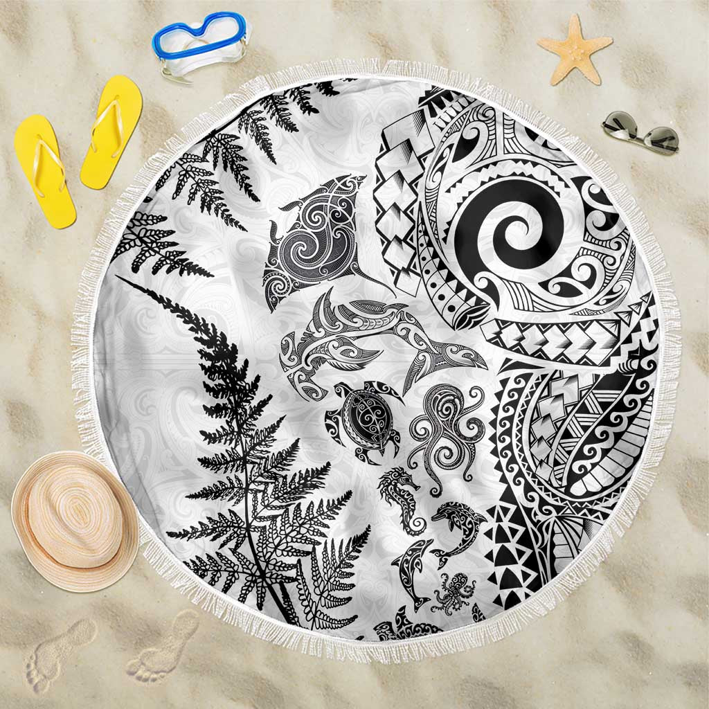 New Zealand Sea Animals Beach Blanket with Maori Koru Tribal Tattoo and Silver Ferns White Color