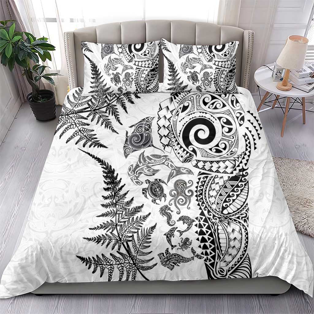 New Zealand Sea Animals Bedding Set with Maori Koru Tribal Tattoo and Silver Ferns White Color LT03 - Polynesian Pride