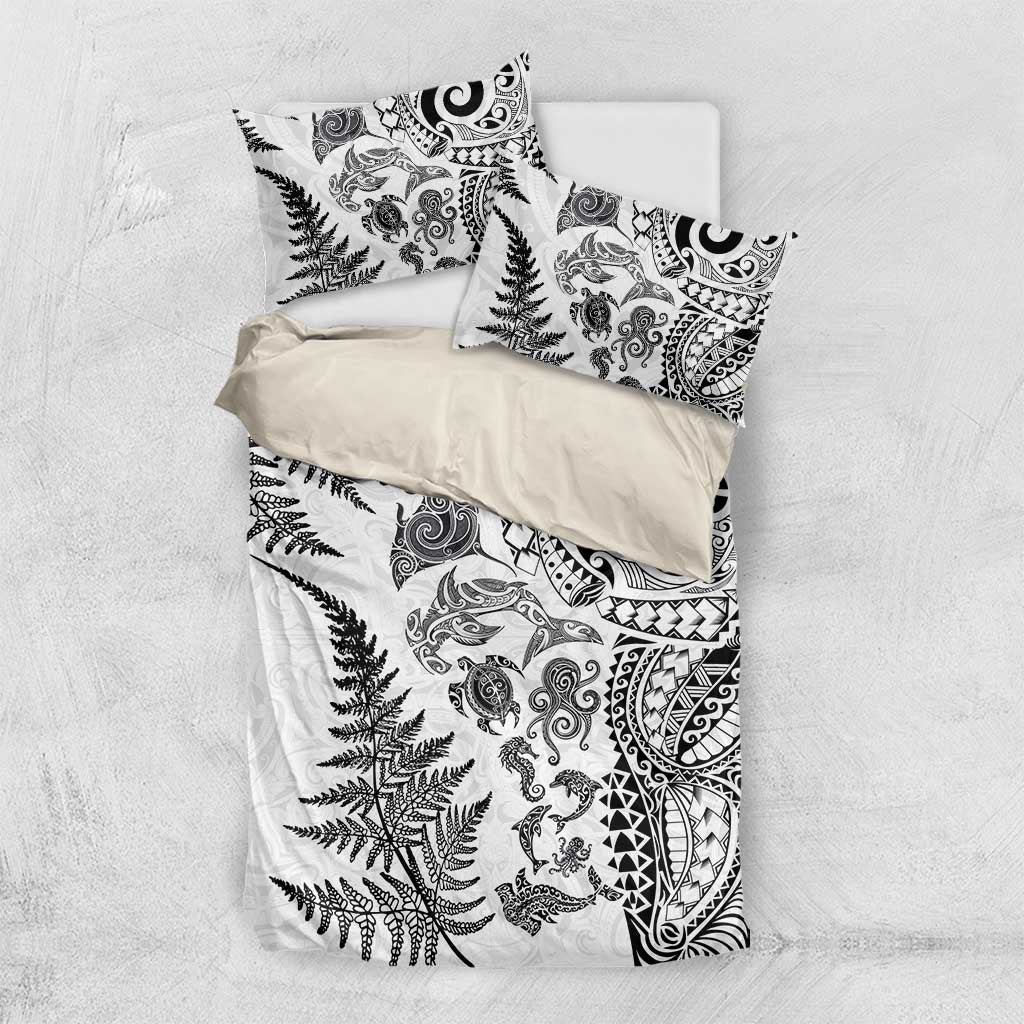 New Zealand Sea Animals Bedding Set with Maori Koru Tribal Tattoo and Silver Ferns White Color LT03 US Twin 172cm x 218cm White - Polynesian Pride