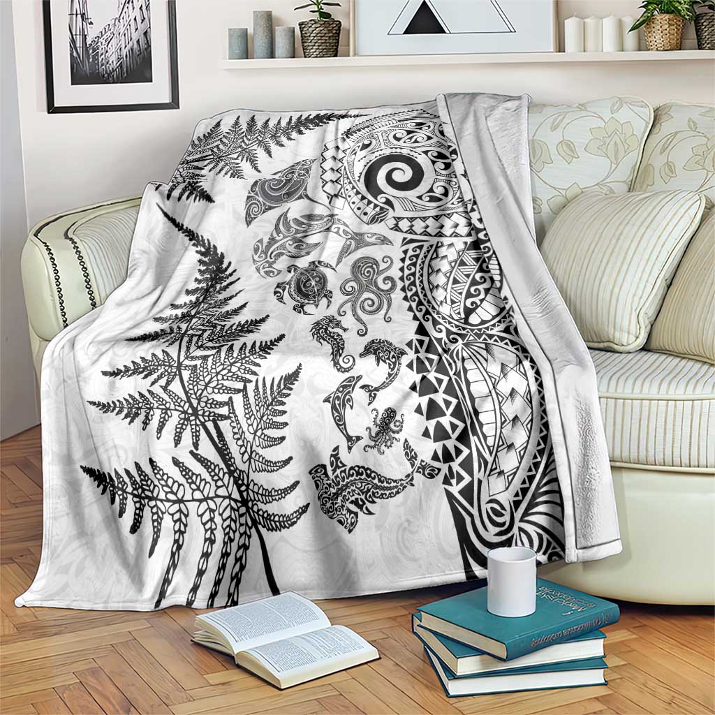 New Zealand Sea Animals Blanket with Maori Koru Tribal Tattoo and Silver Ferns White Color