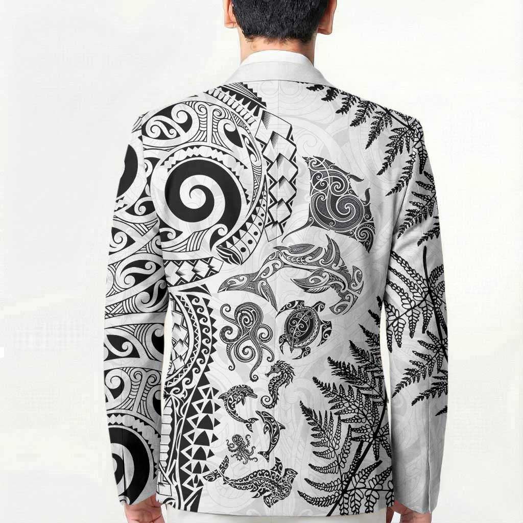 New Zealand Sea Animals Blazer with Maori Koru Tribal Tattoo and Silver Ferns White Color LT03 - Polynesian Pride