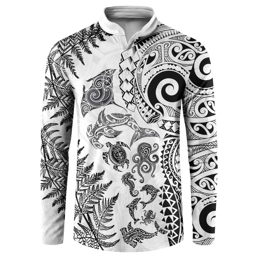 New Zealand Sea Animals Button Sweatshirt with Maori Koru Tribal Tattoo and Silver Ferns White Color