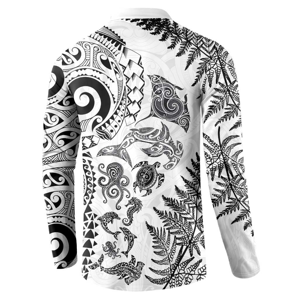 New Zealand Sea Animals Button Sweatshirt with Maori Koru Tribal Tattoo and Silver Ferns White Color