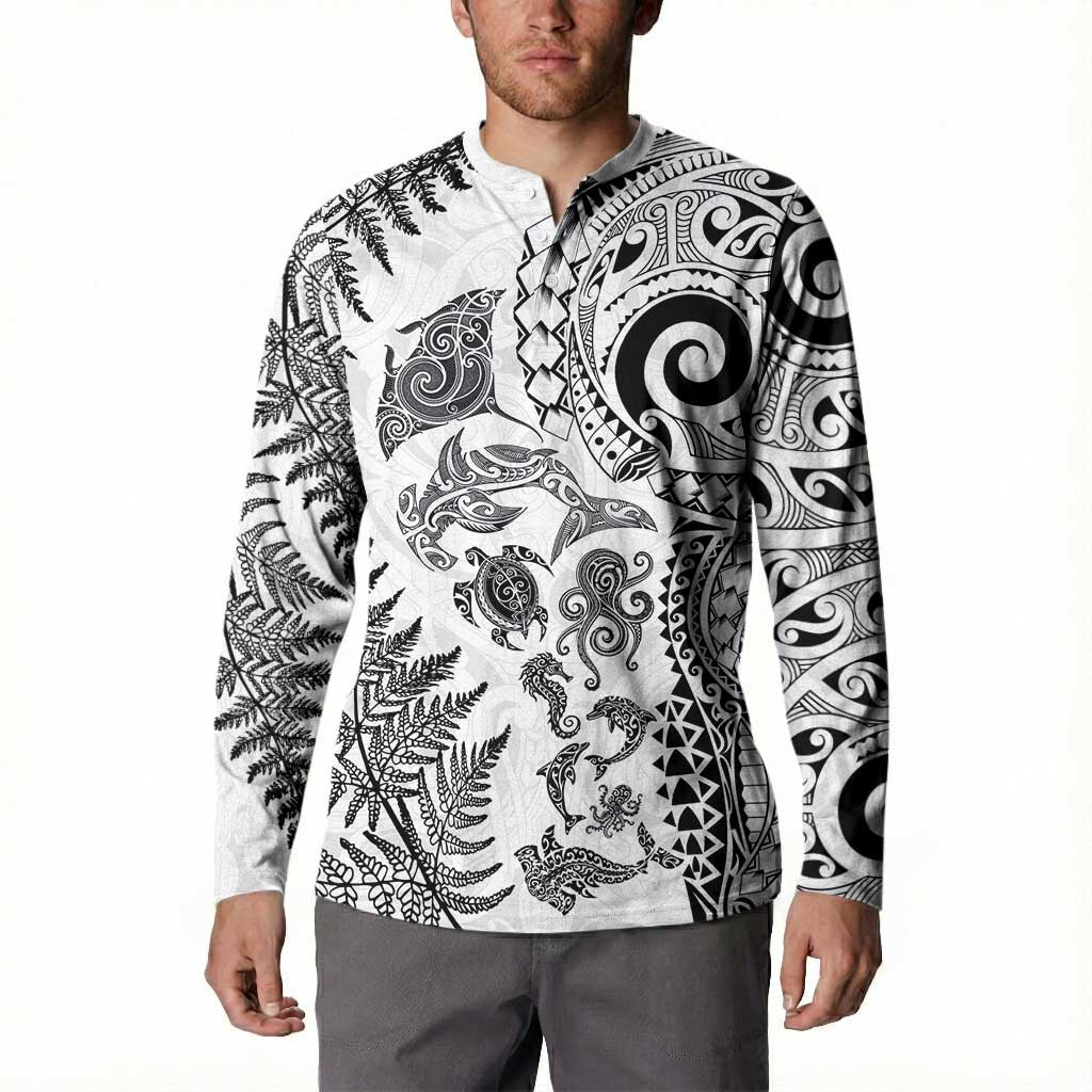 New Zealand Sea Animals Button Sweatshirt with Maori Koru Tribal Tattoo and Silver Ferns White Color
