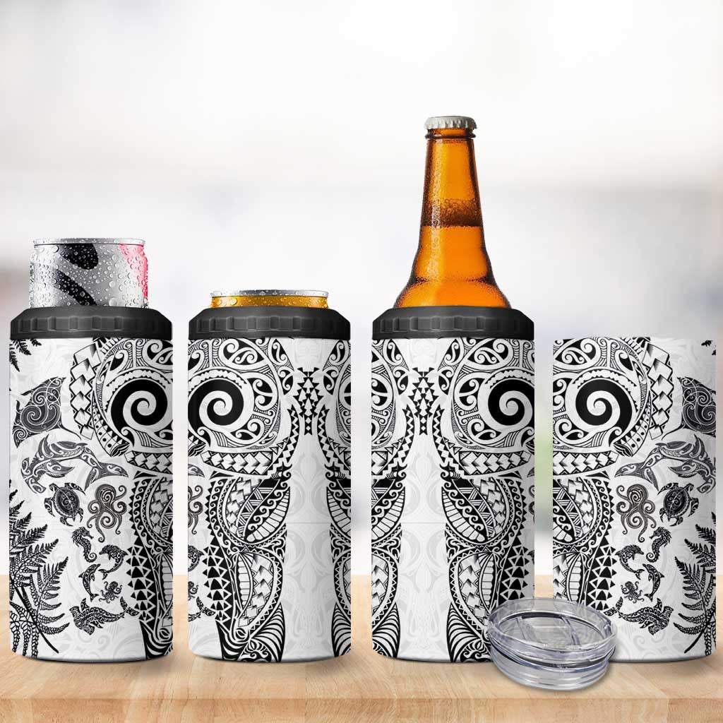 New Zealand Sea Animals 4 in 1 Can Cooler Tumbler with Maori Koru Tribal Tattoo and Silver Ferns White Color LT03 - Polynesian Pride