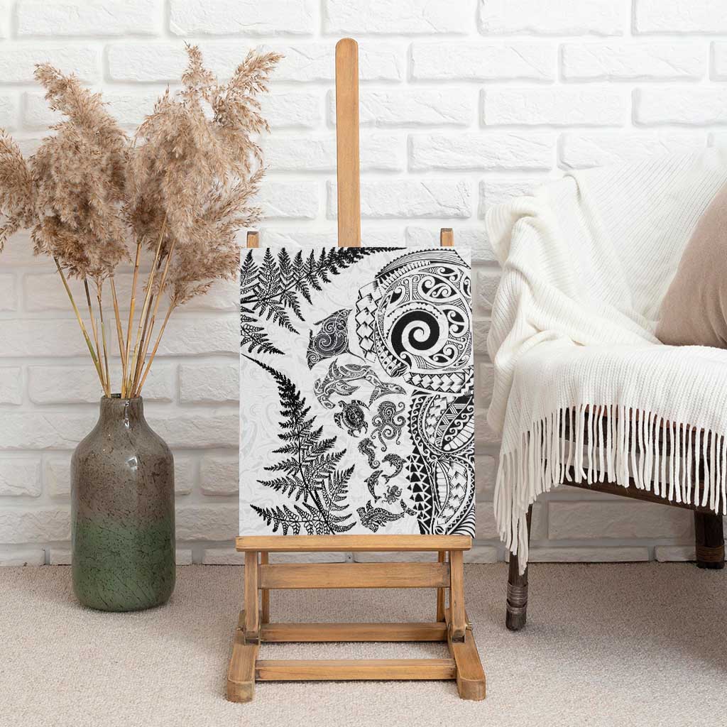 New Zealand Sea Animals Canvas Wall Art with Maori Koru Tribal Tattoo and Silver Ferns White Color LT03 - Polynesian Pride