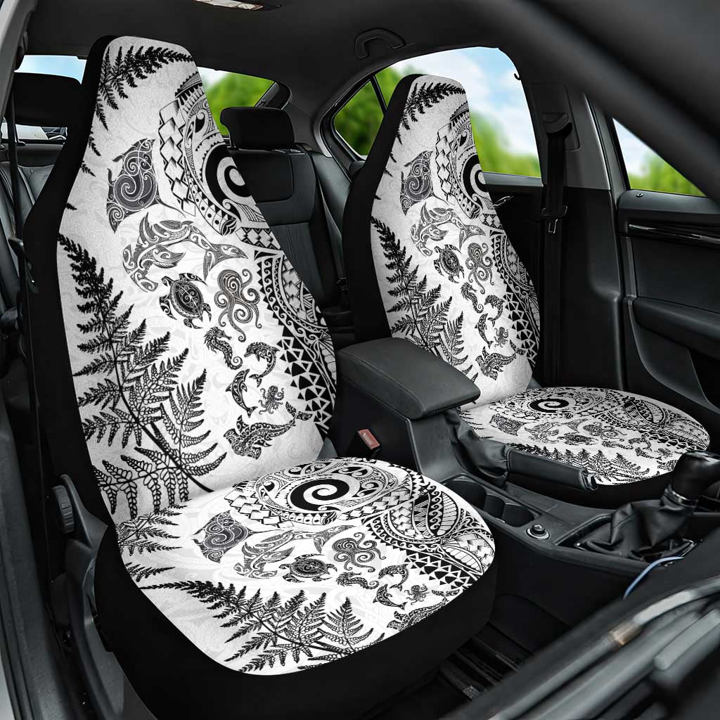 New Zealand Sea Animals Car Seat Cover with Maori Koru Tribal Tattoo and Silver Ferns White Color LT03 One Size White - Polynesian Pride