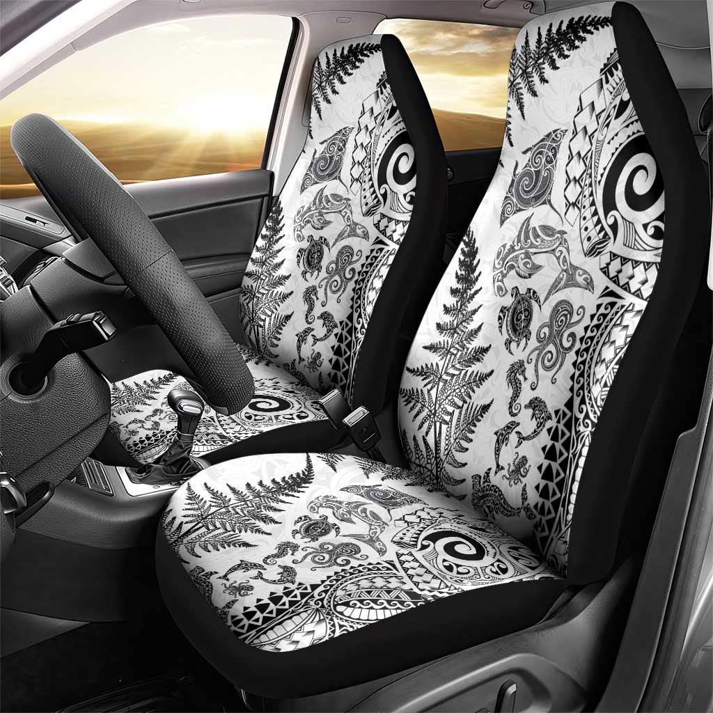 New Zealand Sea Animals Car Seat Cover with Maori Koru Tribal Tattoo and Silver Ferns White Color LT03 - Polynesian Pride