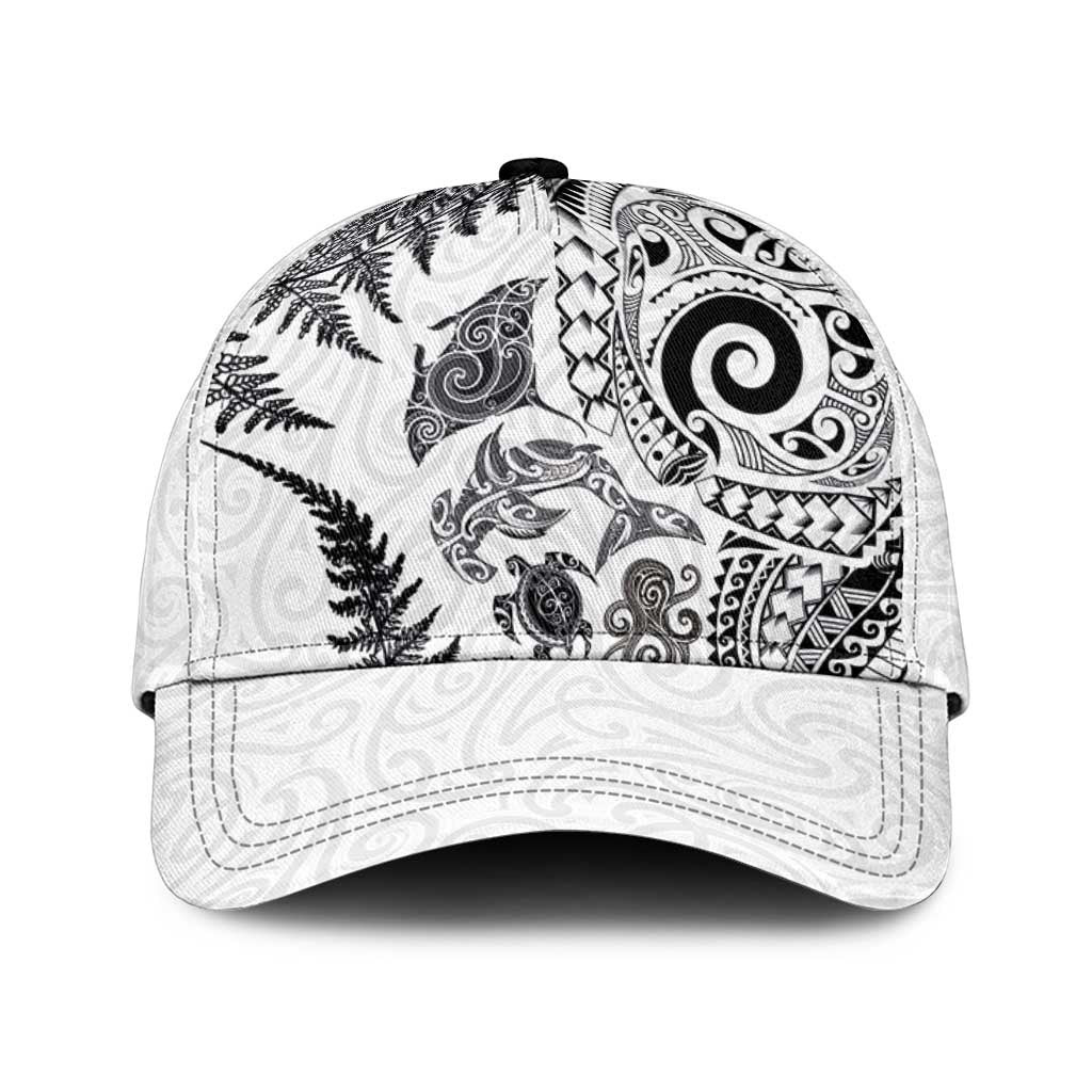 New Zealand Sea Animals Classic Cap with Maori Koru Tribal Tattoo and Silver Ferns White Color