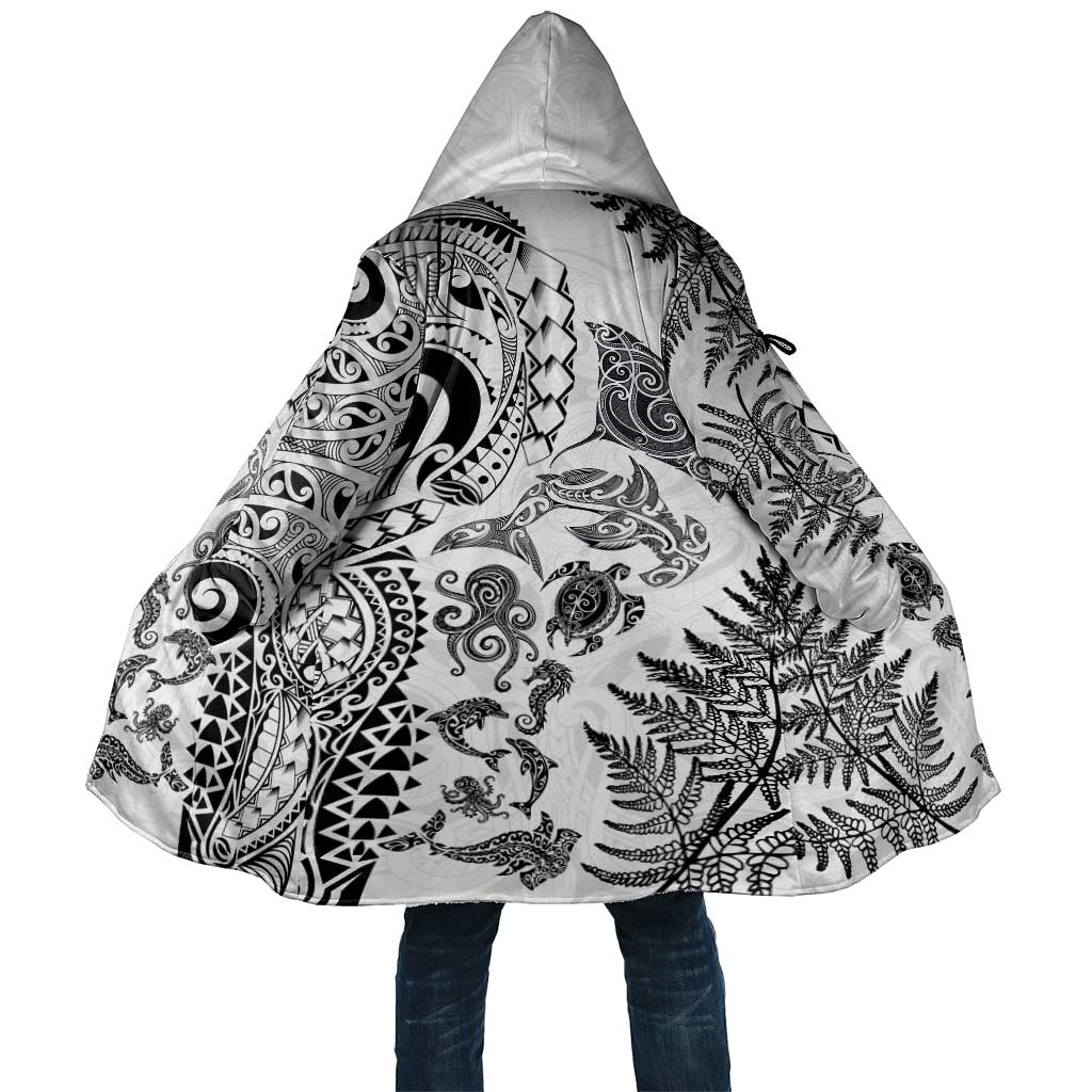 New Zealand Sea Animals Cloak with Maori Koru Tribal Tattoo and Silver Ferns White Color