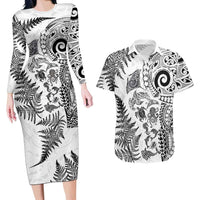 New Zealand Sea Animals Couples Matching Long Sleeve Bodycon Dress and Hawaiian Shirt with Maori Koru Tribal Tattoo and Silver Ferns White Color LT03 White - Polynesian Pride