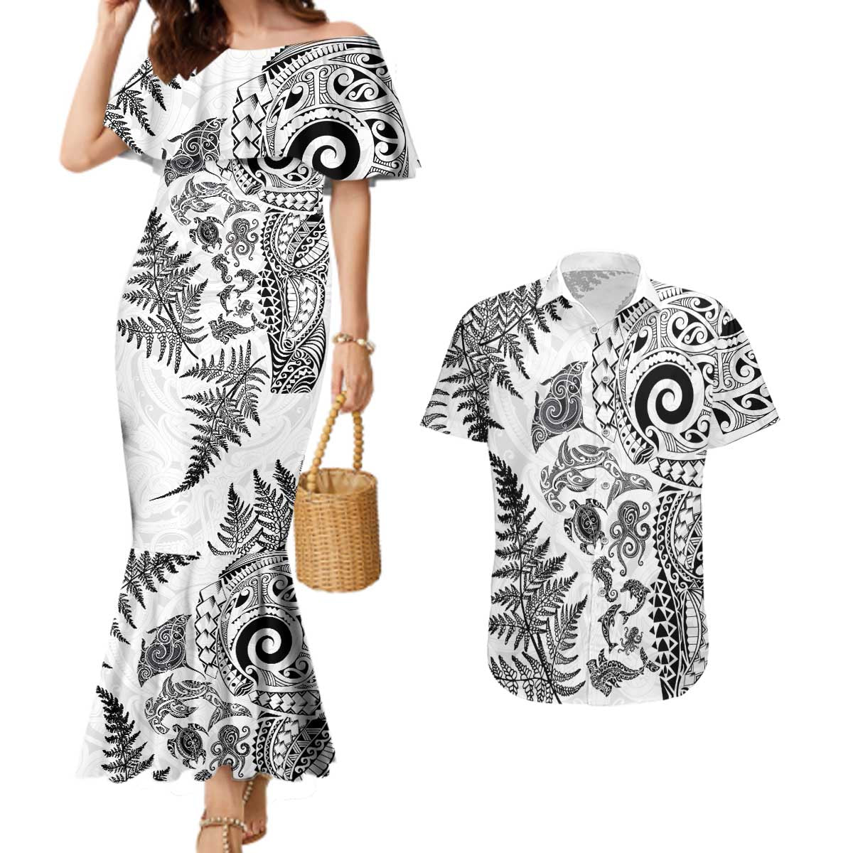New Zealand Sea Animals Couples Matching Mermaid Dress and Hawaiian Shirt with Maori Koru Tribal Tattoo and Silver Ferns White Color