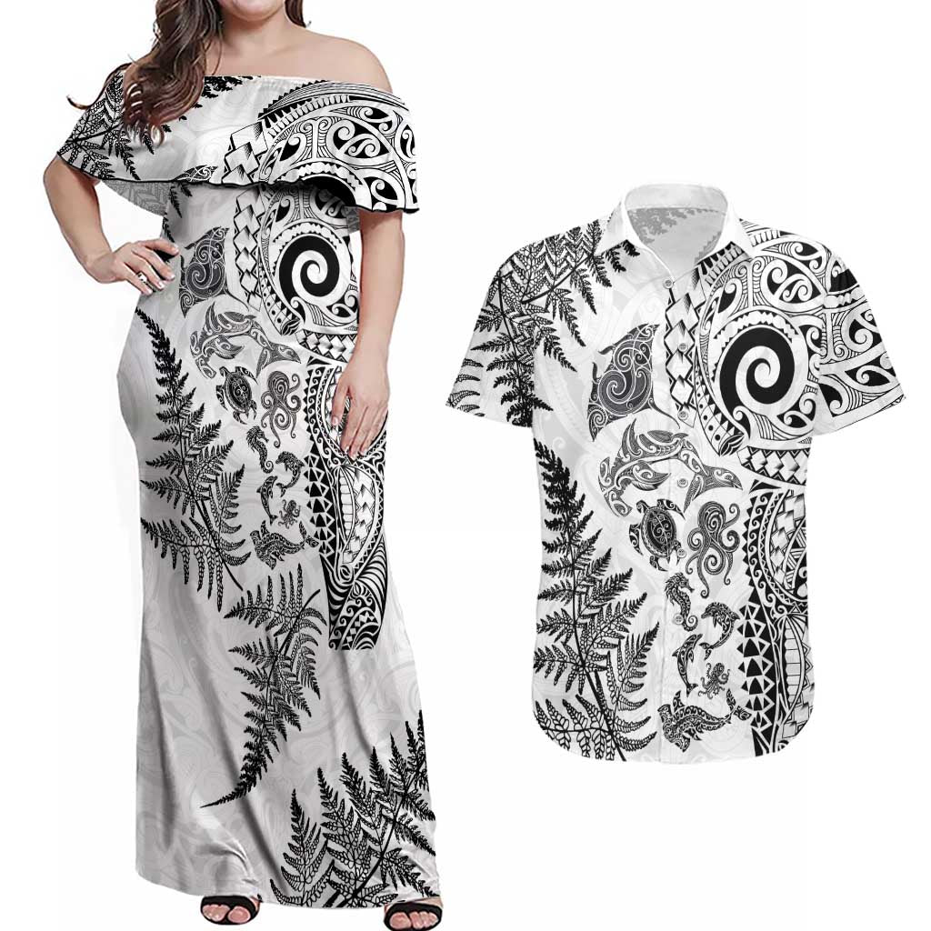 New Zealand Sea Animals Couples Matching Off Shoulder Maxi Dress and Hawaiian Shirt with Maori Koru Tribal Tattoo and Silver Ferns White Color LT03 White - Polynesian Pride