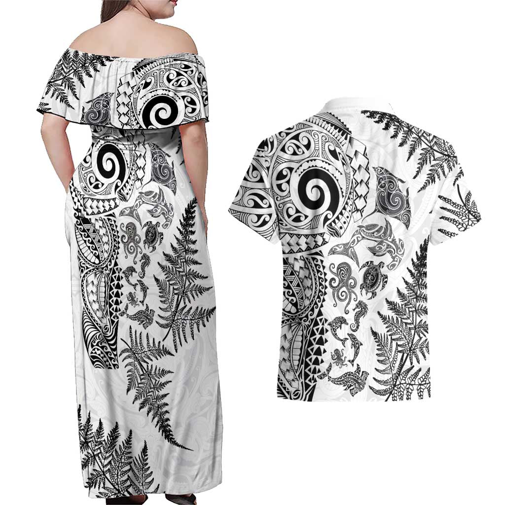 New Zealand Sea Animals Couples Matching Off Shoulder Maxi Dress and Hawaiian Shirt with Maori Koru Tribal Tattoo and Silver Ferns White Color LT03 - Polynesian Pride