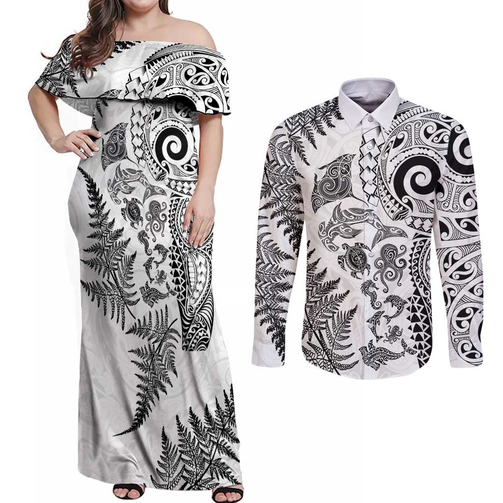 New Zealand Sea Animals Couples Matching Off Shoulder Maxi Dress and Long Sleeve Button Shirt with Maori Koru Tribal Tattoo and Silver Ferns White Color