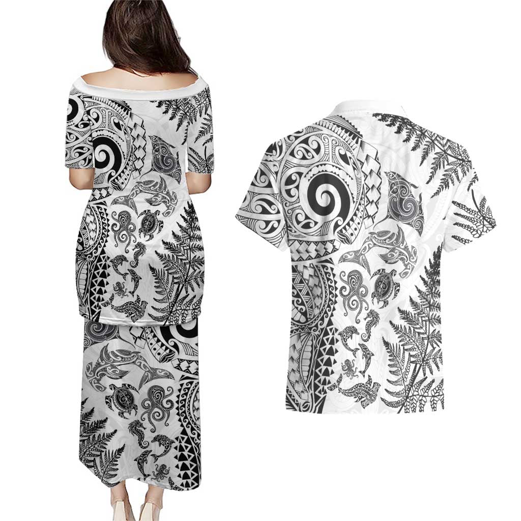 New Zealand Sea Animals Couples Matching Puletasi and Hawaiian Shirt with Maori Koru Tribal Tattoo and Silver Ferns White Color LT03 - Polynesian Pride