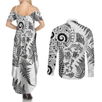 New Zealand Sea Animals Couples Matching Summer Maxi Dress and Long Sleeve Button Shirt with Maori Koru Tribal Tattoo and Silver Ferns White Color LT03 - Polynesian Pride