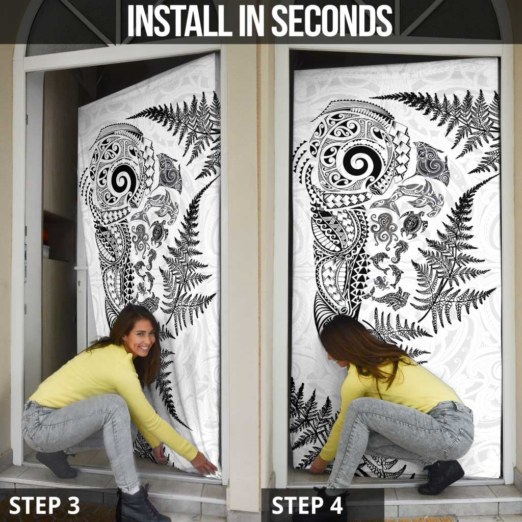 New Zealand Sea Animals Door Cover with Maori Koru Tribal Tattoo and Silver Ferns White Color LT03 - Polynesian Pride