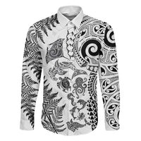 New Zealand Sea Animals Family Matching Long Sleeve Bodycon Dress and Hawaiian Shirt with Maori Koru Tribal Tattoo and Silver Ferns White Color LT03 Dad's Shirt - Long Sleeve White - Polynesian Pride