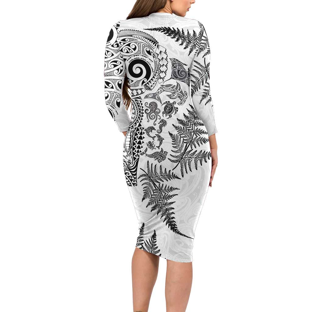 New Zealand Sea Animals Family Matching Long Sleeve Bodycon Dress and Hawaiian Shirt with Maori Koru Tribal Tattoo and Silver Ferns White Color LT03 - Polynesian Pride
