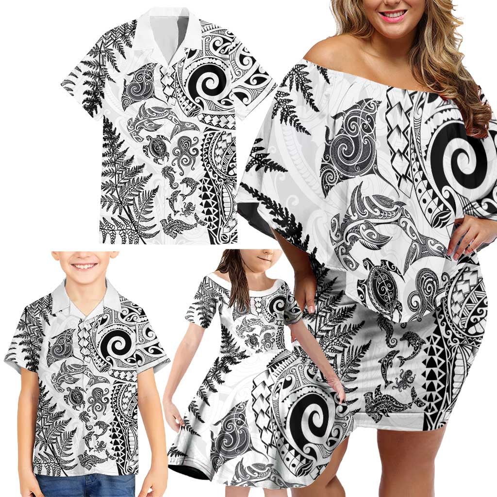 New Zealand Sea Animals Family Matching Off Shoulder Short Dress and Hawaiian Shirt with Maori Koru Tribal Tattoo and Silver Ferns White Color