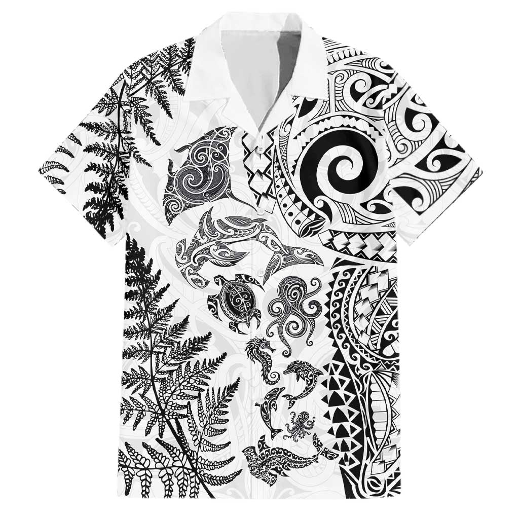 New Zealand Sea Animals Family Matching Puletasi and Hawaiian Shirt with Maori Koru Tribal Tattoo and Silver Ferns White Color LT03 Dad's Shirt - Short Sleeve White - Polynesian Pride