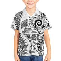 New Zealand Sea Animals Family Matching Short Sleeve Bodycon Dress and Hawaiian Shirt with Maori Koru Tribal Tattoo and Silver Ferns White Color LT03 Son's Shirt White - Polynesian Pride
