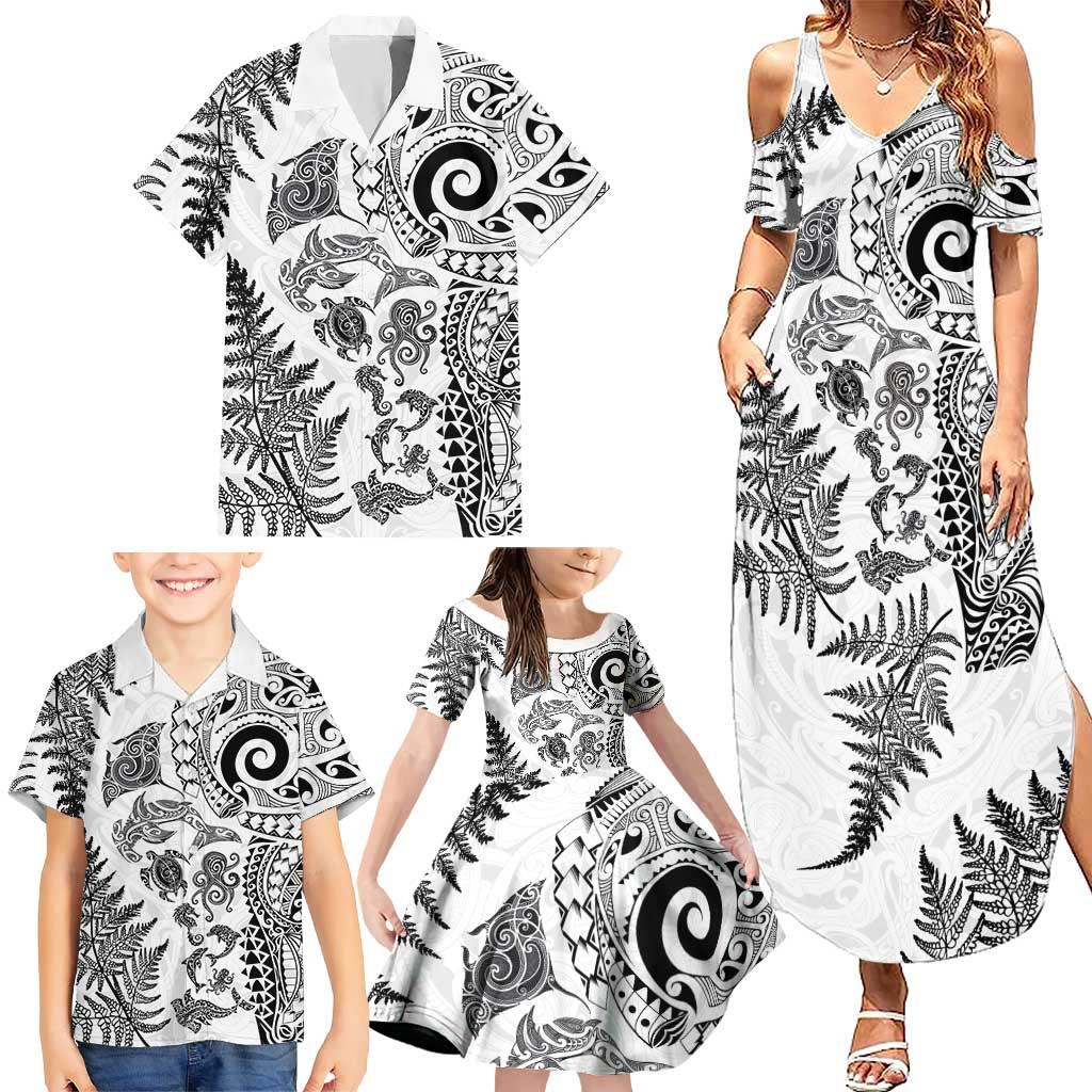 New Zealand Sea Animals Family Matching Summer Maxi Dress and Hawaiian Shirt with Maori Koru Tribal Tattoo and Silver Ferns White Color
