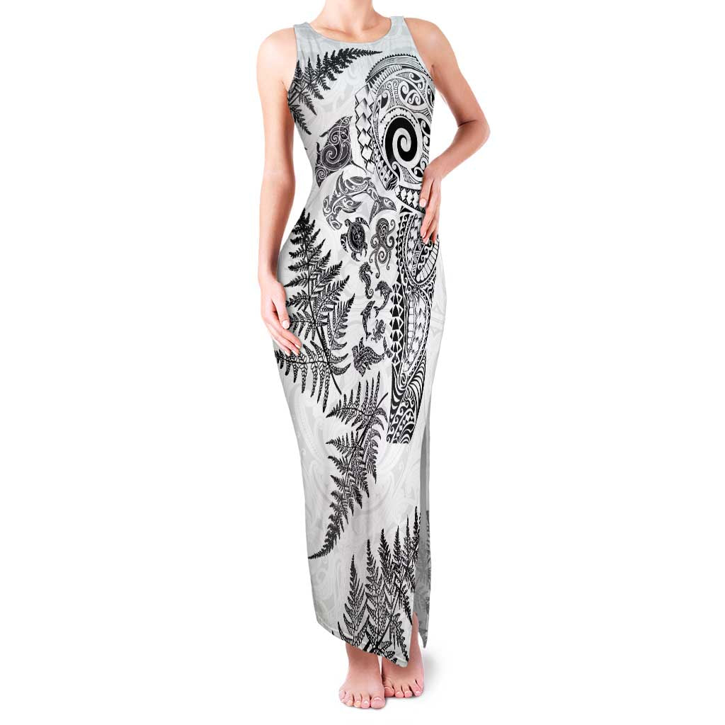 New Zealand Sea Animals Family Matching Tank Maxi Dress and Hawaiian Shirt with Maori Koru Tribal Tattoo and Silver Ferns White Color LT03 Mom's Dress White - Polynesian Pride