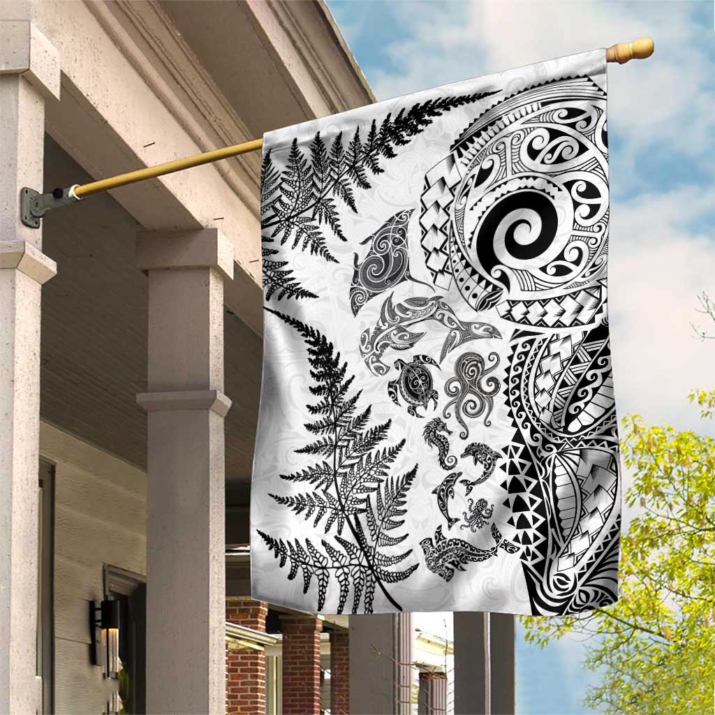 New Zealand Sea Animals Garden Flag with Maori Koru Tribal Tattoo and Silver Ferns White Color