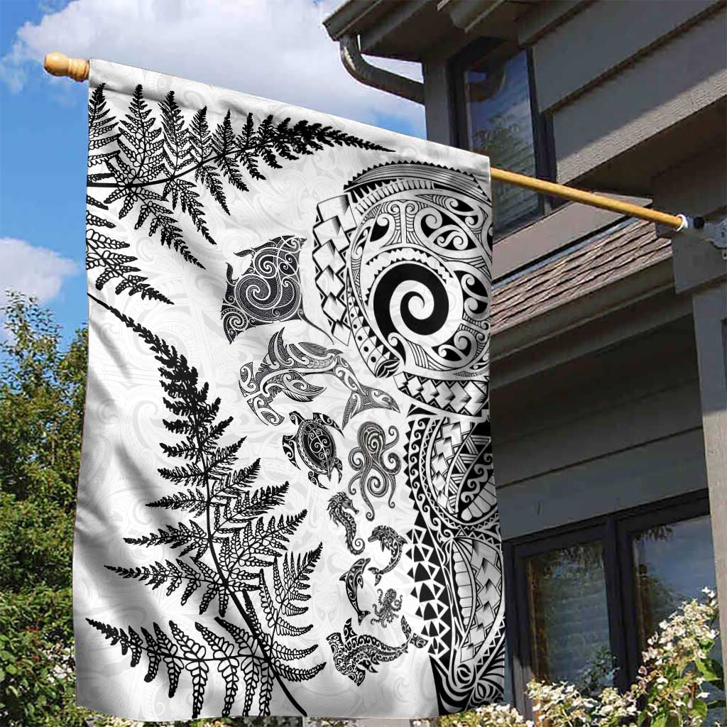 New Zealand Sea Animals Garden Flag with Maori Koru Tribal Tattoo and Silver Ferns White Color LT03 - Polynesian Pride