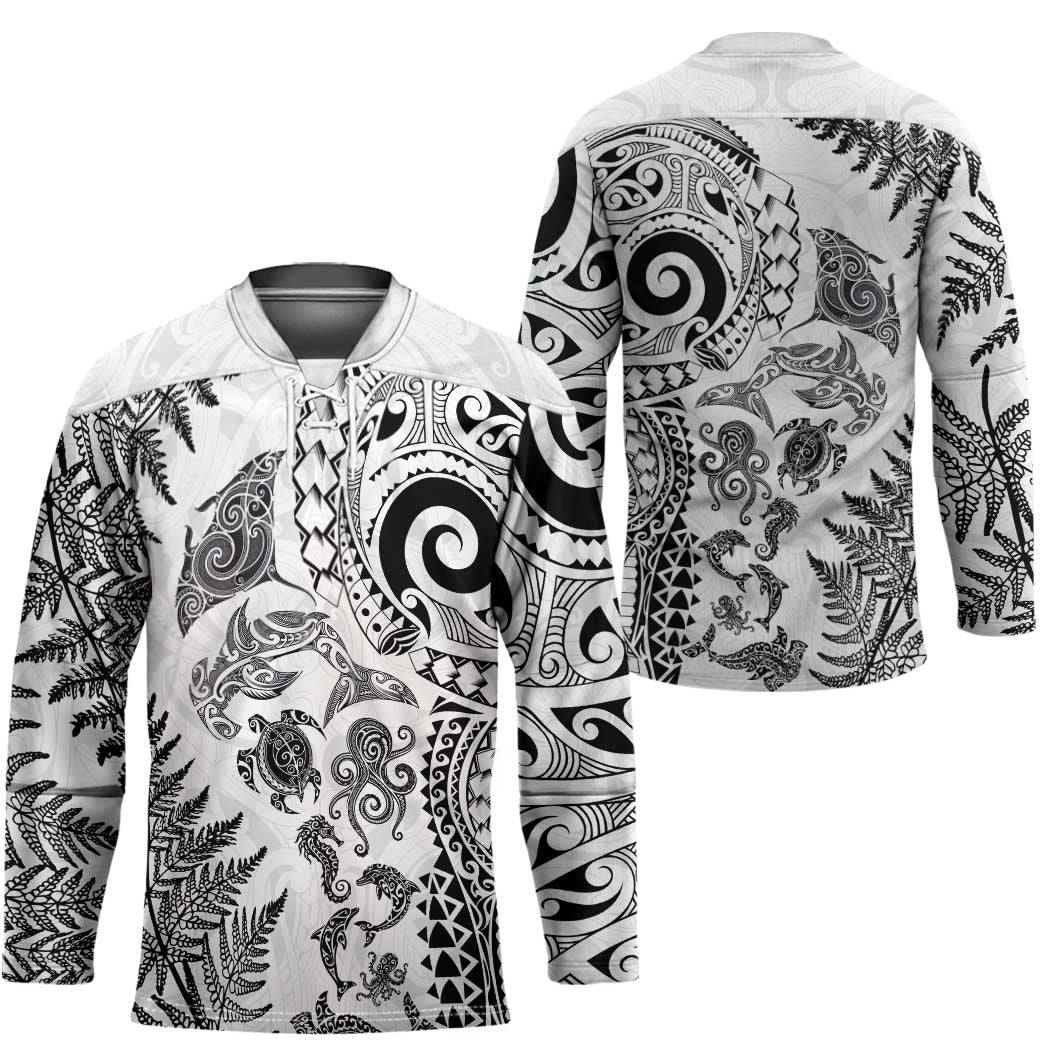 New Zealand Sea Animals Hockey Jersey with Maori Koru Tribal Tattoo and Silver Ferns White Color LT03 - Polynesian Pride