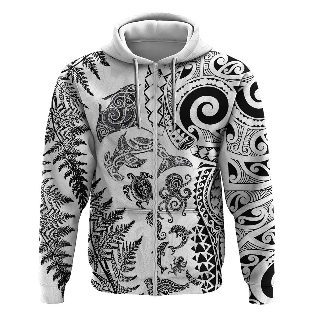 New Zealand Sea Animals Hoodie with Maori Koru Tribal Tattoo and Silver Ferns White Color LT03 Zip Hoodie White - Polynesian Pride