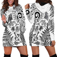 New Zealand Sea Animals Hoodie Dress with Maori Koru Tribal Tattoo and Silver Ferns White Color LT03 - Polynesian Pride