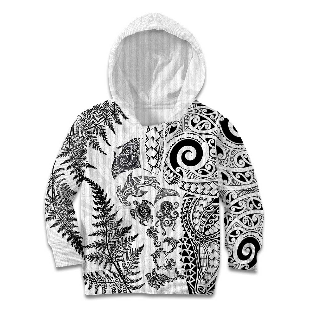 New Zealand Sea Animals Kid Hoodie with Maori Koru Tribal Tattoo and Silver Ferns White Color