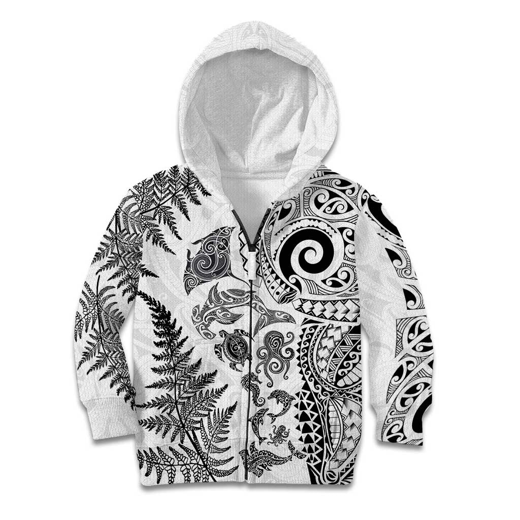 New Zealand Sea Animals Kid Hoodie with Maori Koru Tribal Tattoo and Silver Ferns White Color LT03 Zip Hoodie White - Polynesian Pride
