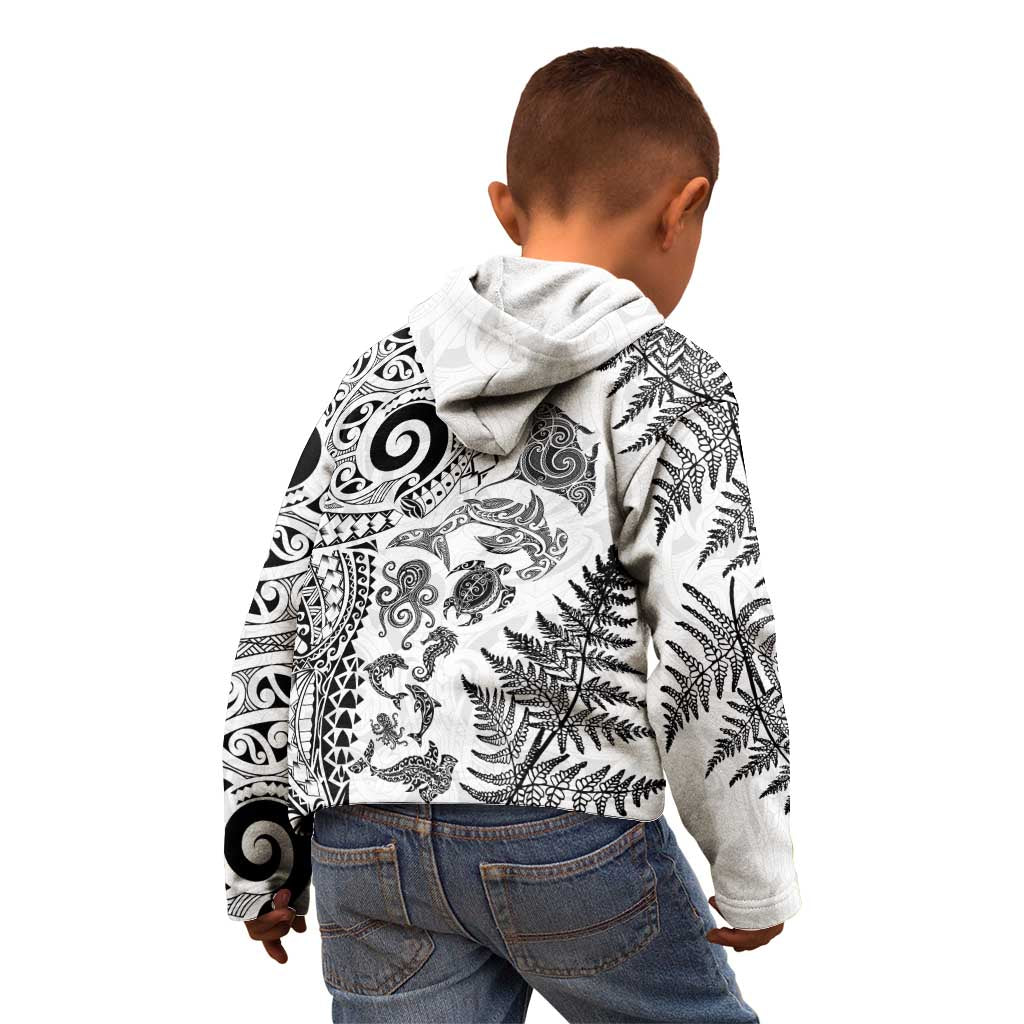 New Zealand Sea Animals Kid Hoodie with Maori Koru Tribal Tattoo and Silver Ferns White Color LT03 - Polynesian Pride