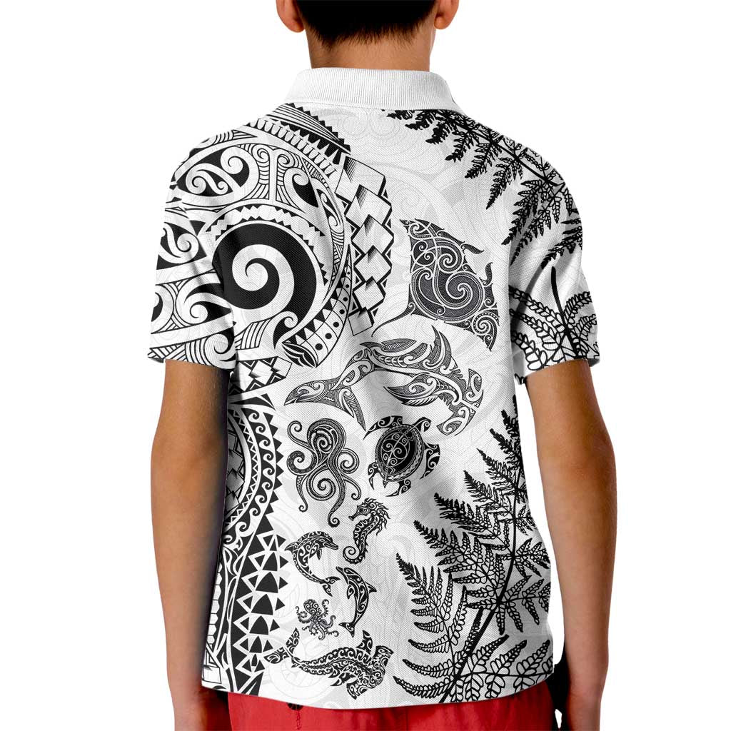 New Zealand Sea Animals Kid Polo Shirt with Maori Koru Tribal Tattoo and Silver Ferns White Color LT03 - Polynesian Pride