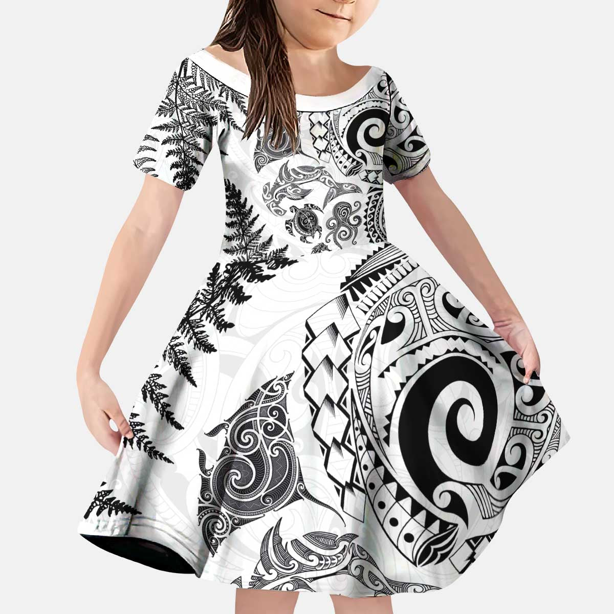 New Zealand Sea Animals Kid Short Sleeve Dress with Maori Koru Tribal Tattoo and Silver Ferns White Color