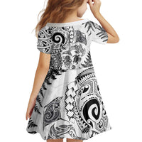 New Zealand Sea Animals Kid Short Sleeve Dress with Maori Koru Tribal Tattoo and Silver Ferns White Color LT03 - Polynesian Pride
