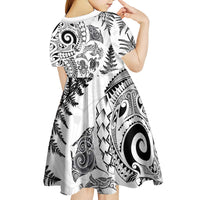 New Zealand Sea Animals Kid Short Sleeve Dress with Maori Koru Tribal Tattoo and Silver Ferns White Color LT03 - Polynesian Pride