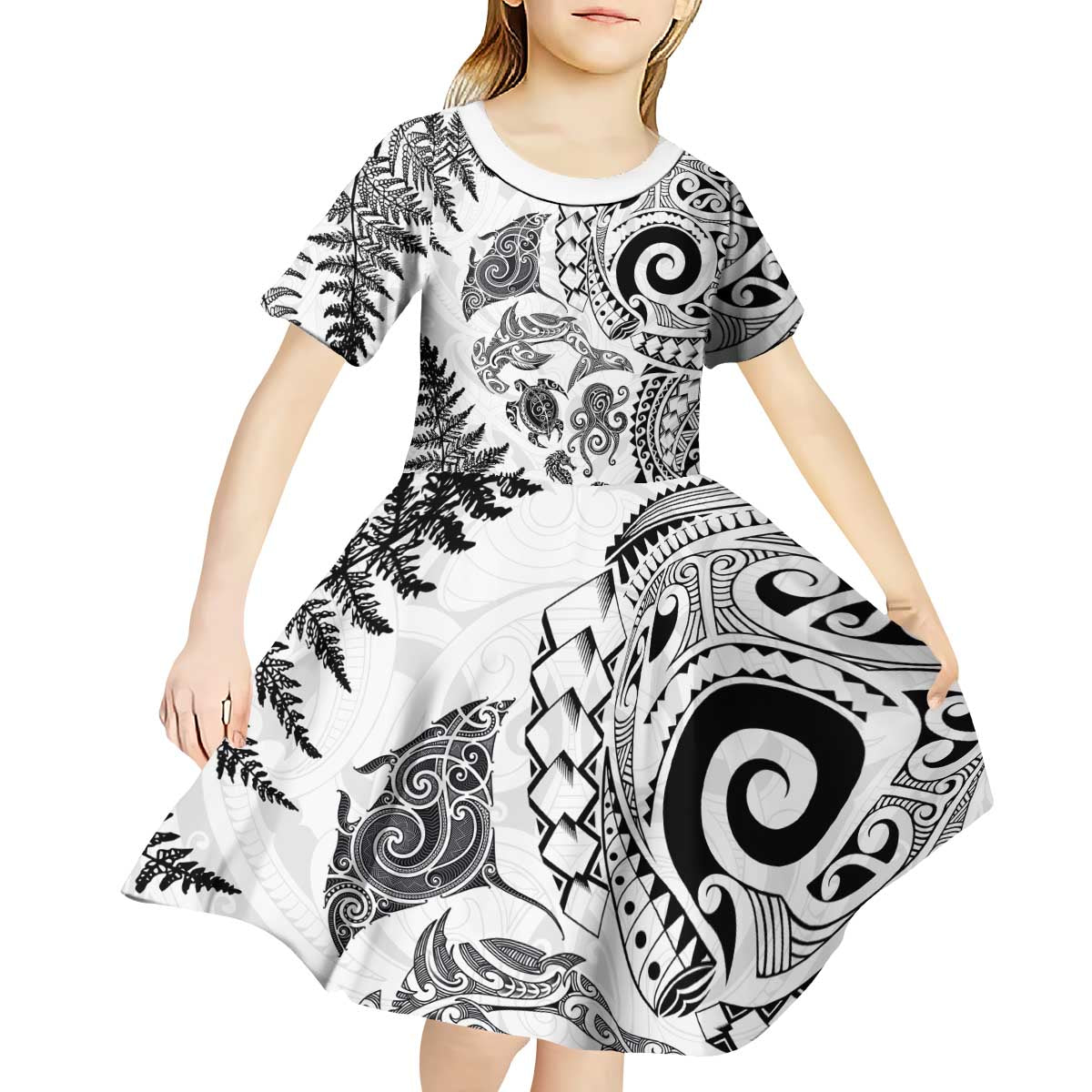 New Zealand Sea Animals Kid Short Sleeve Dress with Maori Koru Tribal Tattoo and Silver Ferns White Color LT03 - Polynesian Pride