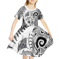New Zealand Sea Animals Kid Short Sleeve Dress with Maori Koru Tribal Tattoo and Silver Ferns White Color LT03 - Polynesian Pride